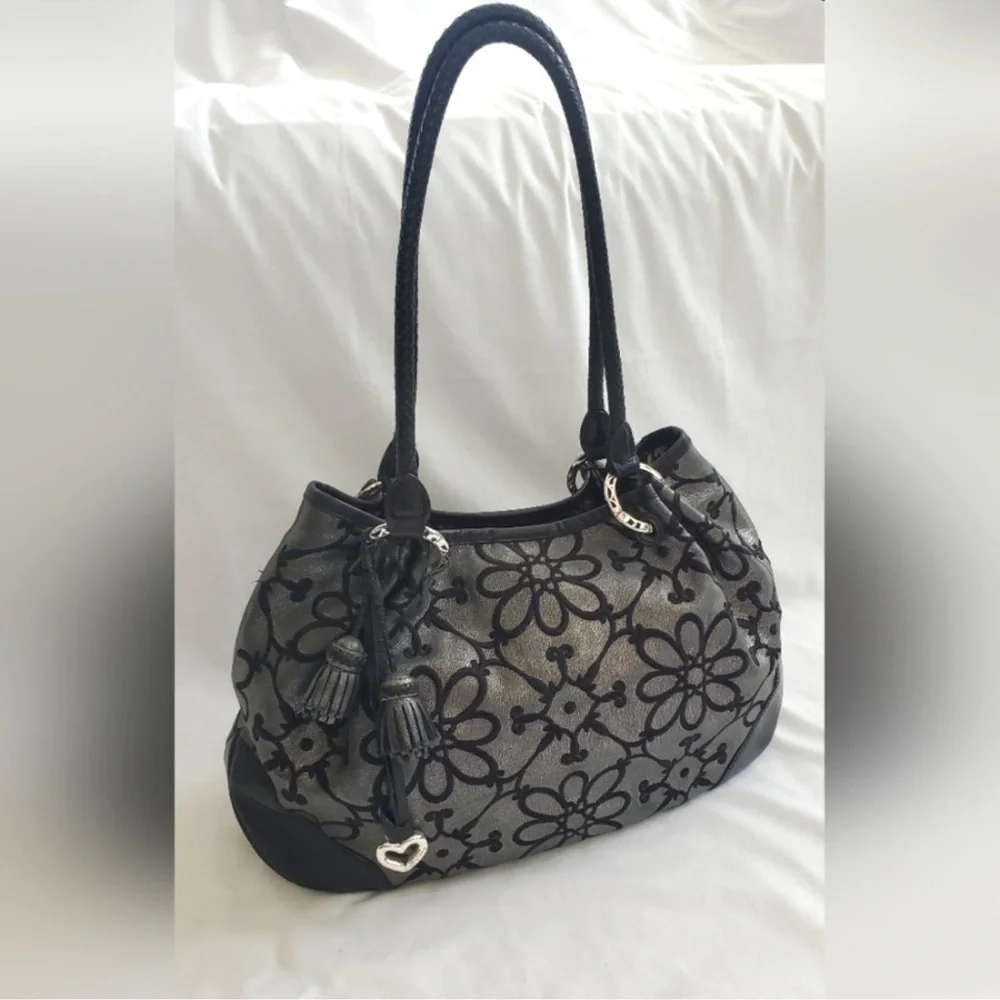 Brighton Valencia Gunmetal Pewter Floral Hobo Shoulder Handbag